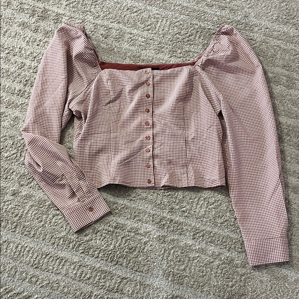 Lulus Demure and Sweet Terracotta Pink Gingham Button-Front Long Sleeve Top XL - Picture 5 of 10